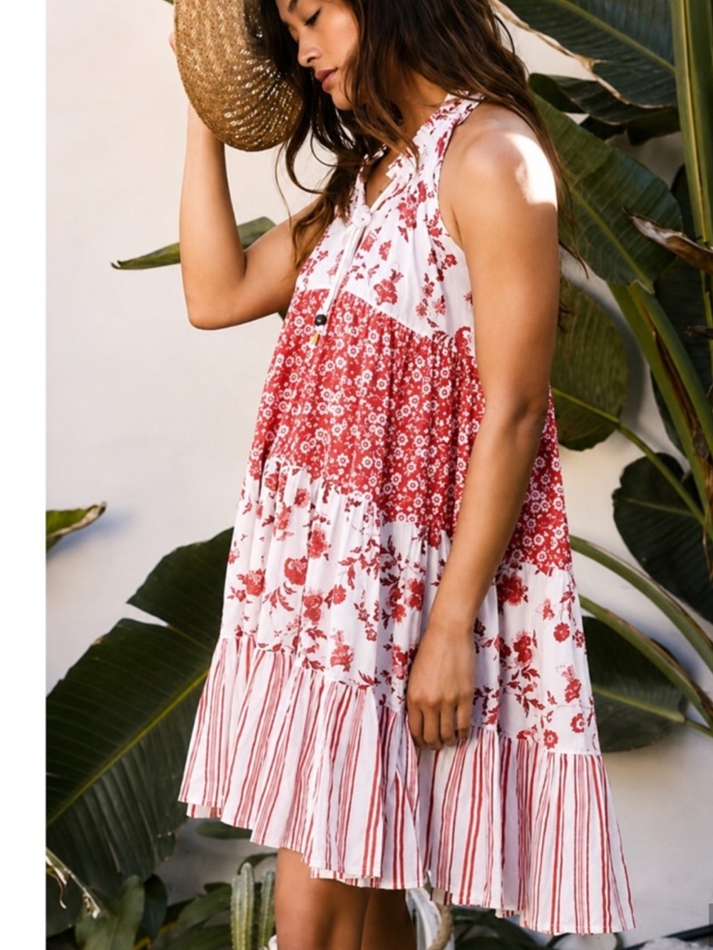 Ro's Garden Anthro Sofia Red White Floral Sleeveless Tiered Boho Mini Dress xs